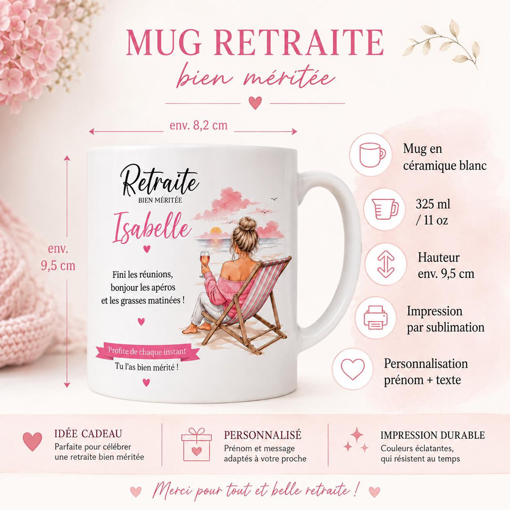 Mug Retraite Femme Personnalisé avec Prénom, Cadeau Retraite Original, Tasse Départ Collègue