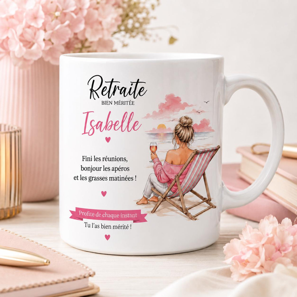 Mug Retraite Femme Personnalisé avec Prénom, Cadeau Retraite Original, Tasse Départ Collègue