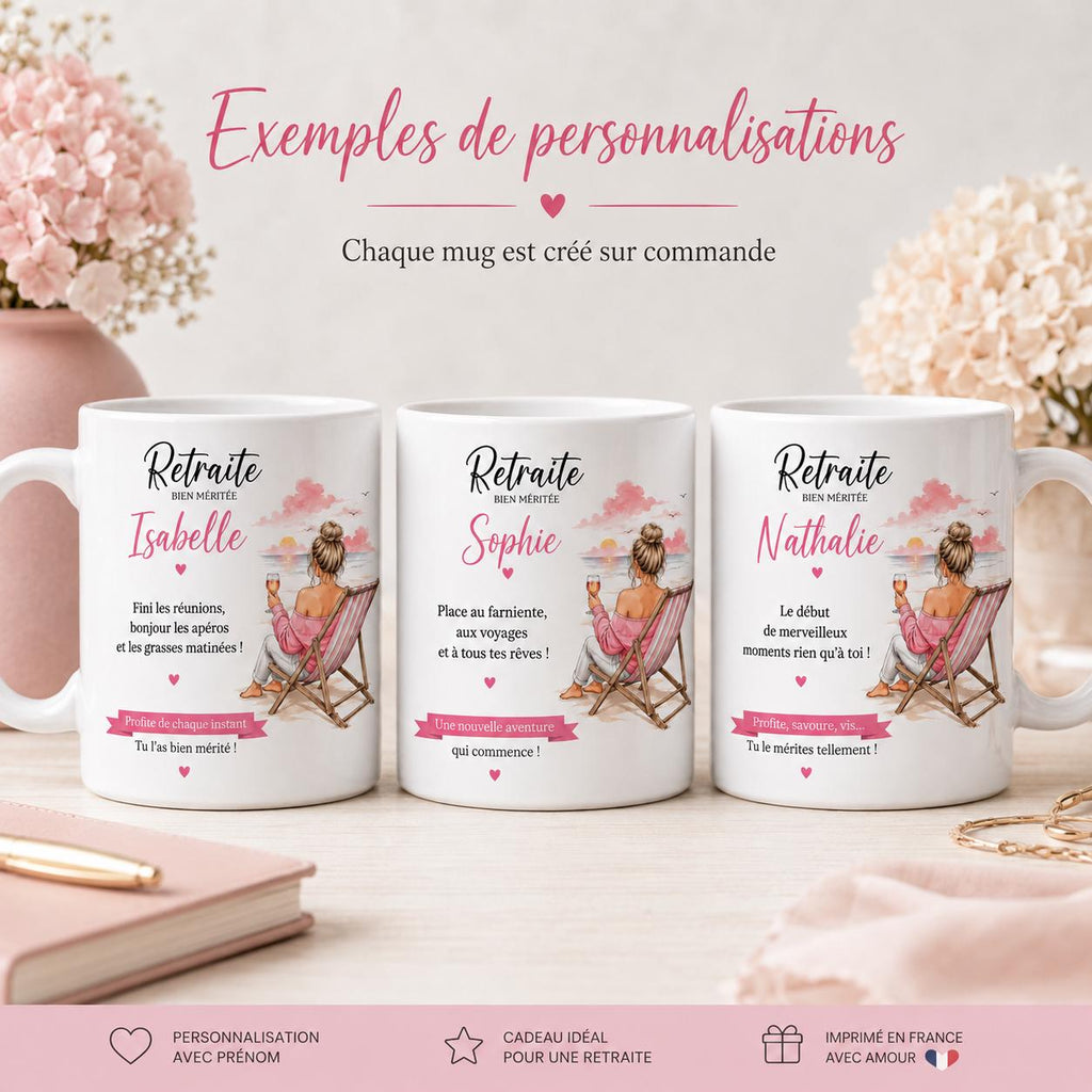 Mug Retraite Femme Personnalisé avec Prénom, Cadeau Retraite Original, Tasse Départ Collègue