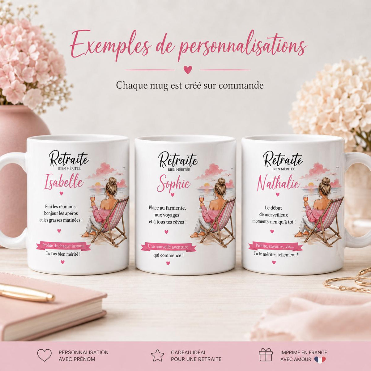 Mug Retraite Femme Personnalisé avec Prénom, Cadeau Retraite Original, Tasse Départ Collègue