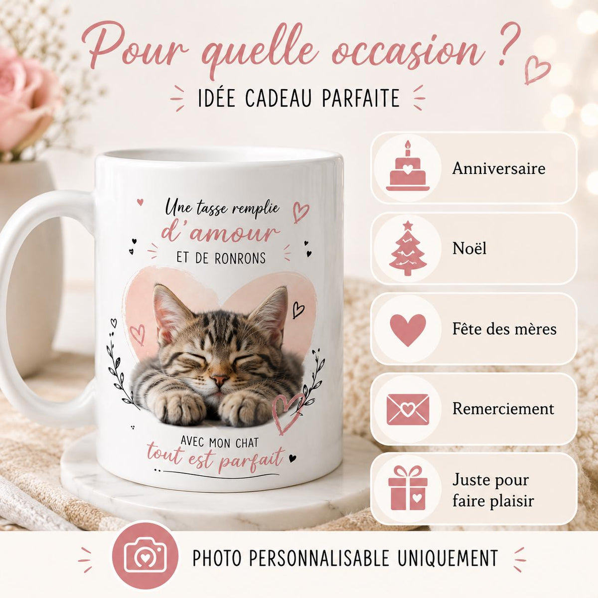 Tasse personnalisée Chat avec photo – Mug photo animal, cadeau amoureux des chats, souvenir personnalisé