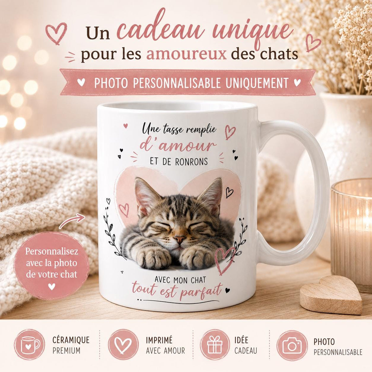 Tasse personnalisée Chat avec photo – Mug photo animal, cadeau amoureux des chats, souvenir personnalisé