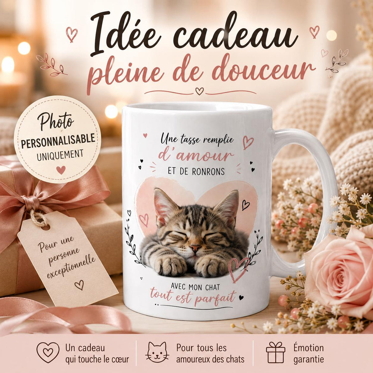 Tasse personnalisée Chat avec photo – Mug photo animal, cadeau amoureux des chats, souvenir personnalisé