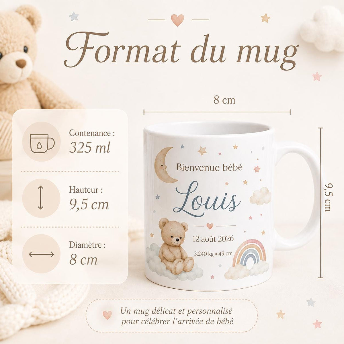 Mug Naissance Personnalisé Bébé avec Prénom, Date, Poids et Taille – Cadeau Naissance Original – Tasse Souvenir Bébé
