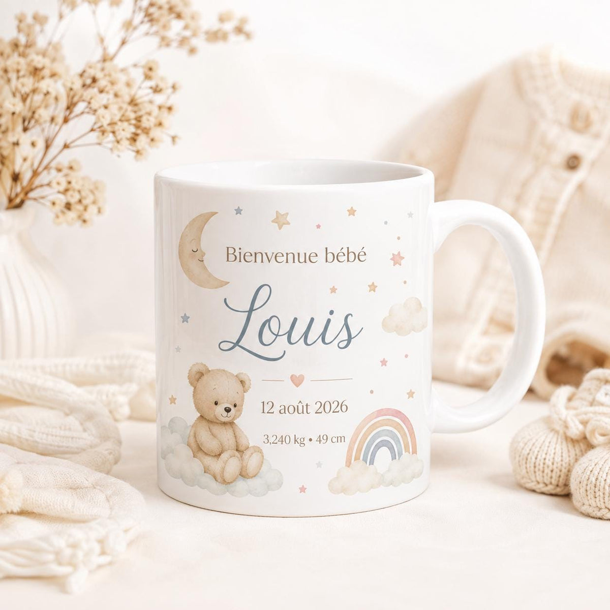 Mug Naissance Personnalisé Bébé avec Prénom, Date, Poids et Taille – Cadeau Naissance Original – Tasse Souvenir Bébé