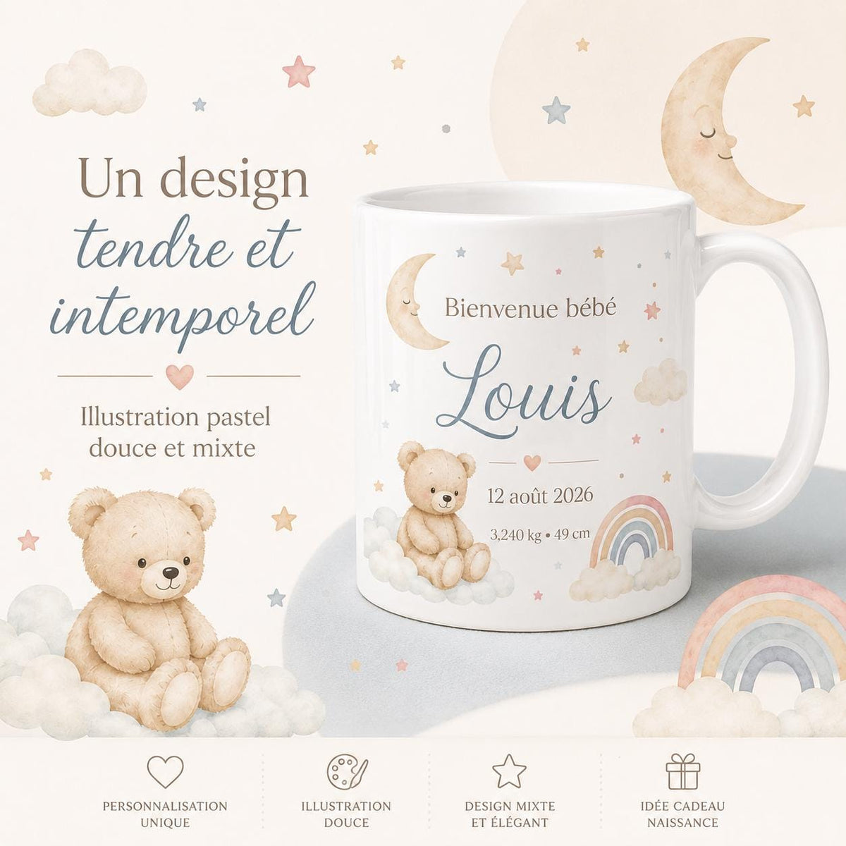 Mug Naissance Personnalisé Bébé avec Prénom, Date, Poids et Taille – Cadeau Naissance Original – Tasse Souvenir Bébé