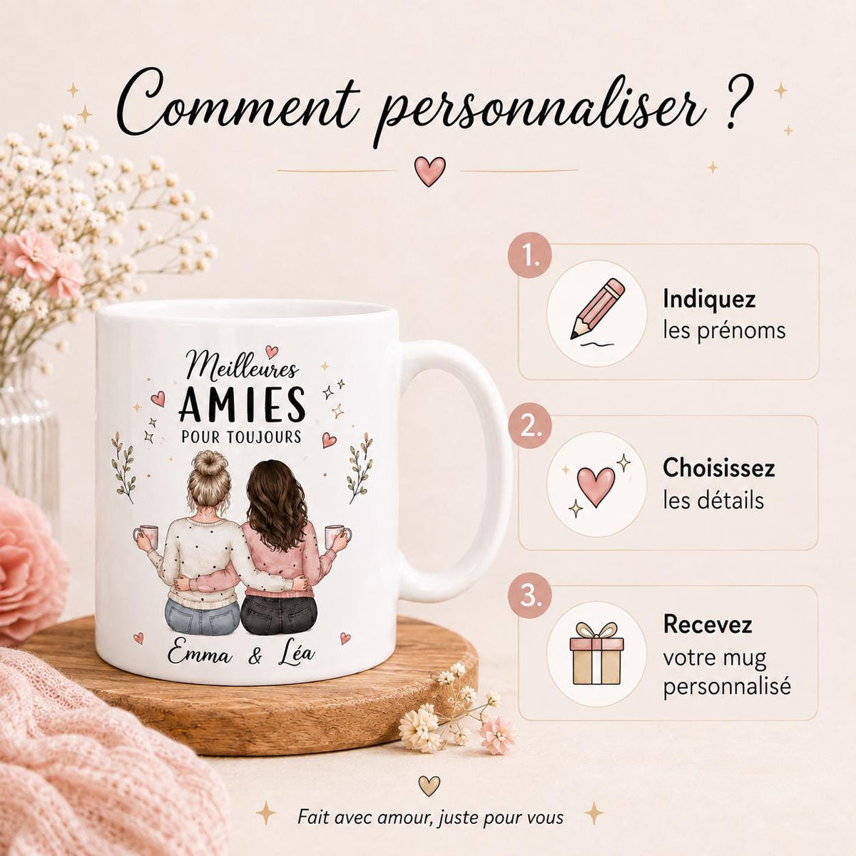 Mug meilleure amie personnalisé – Prénoms et avatars, cadeau amitié pour bestie