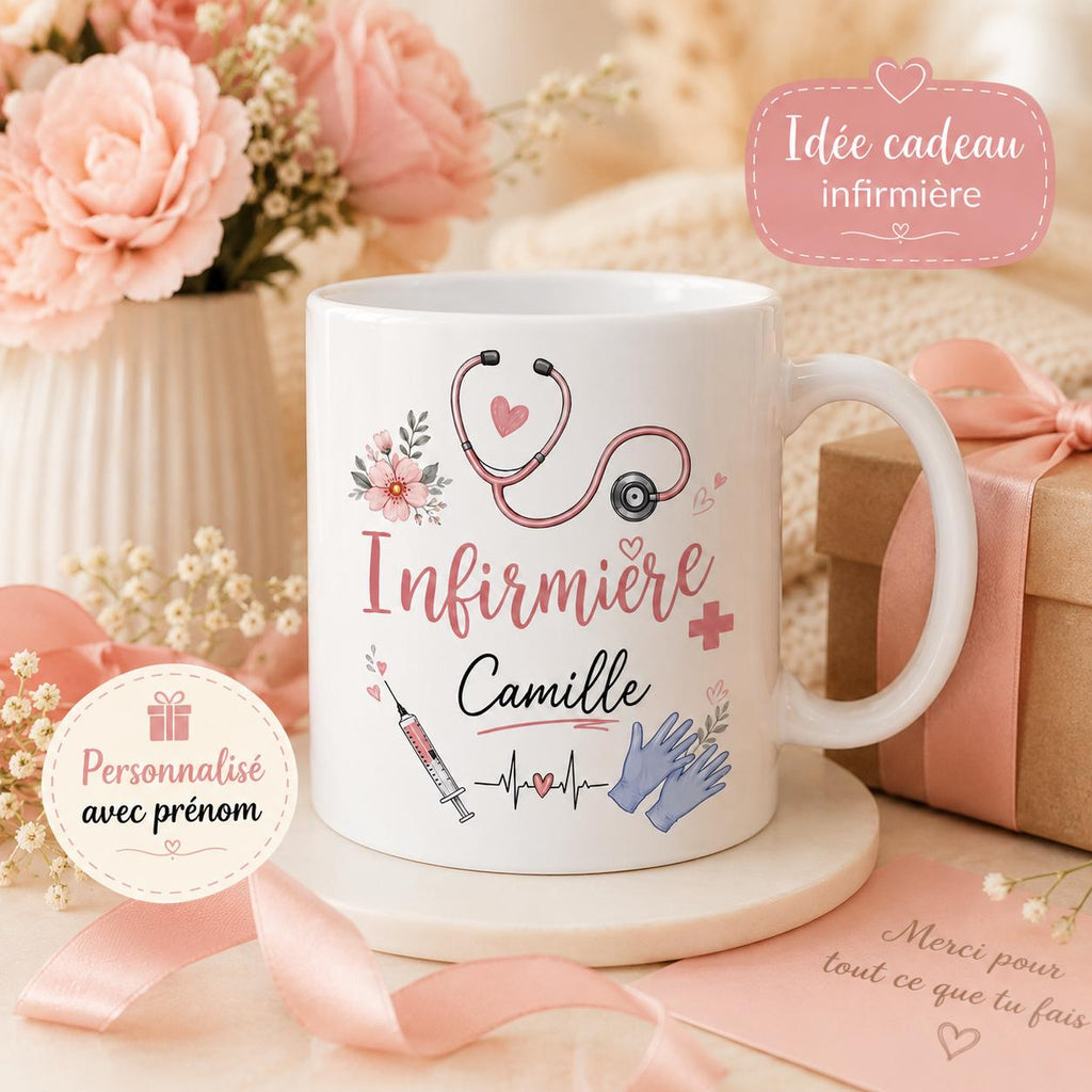 Mug infirmière personnalisé avec prénom et avatar – Cadeau infirmière, tasse soignante