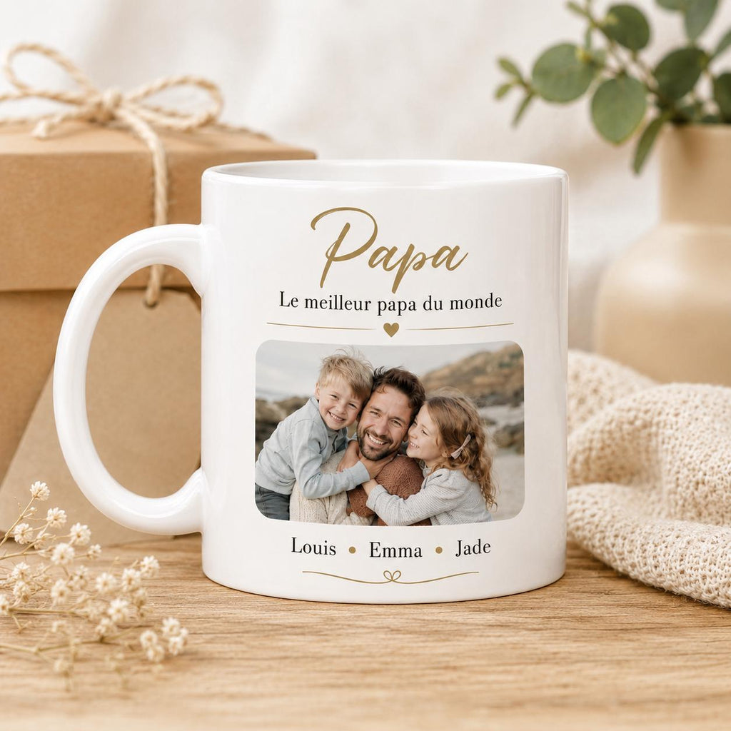 Mug personnalisé Papa, Papi ou Grand-Père avec photo et prénoms – Cadeau famille personnalisé