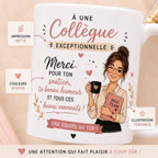 Mug Personnalisé Collègue Femme – Cadeau Départ Collègue – Tasse Collègue Exceptionnelle – Message Personnalisé au Dos – Cadeau Équipe
