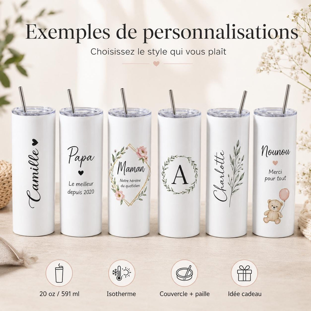 Gourde Personnalisée Adulte avec Prénom | Bouteille Personnalisée | Cadeau Femme Homme | Gourde Travail Sport