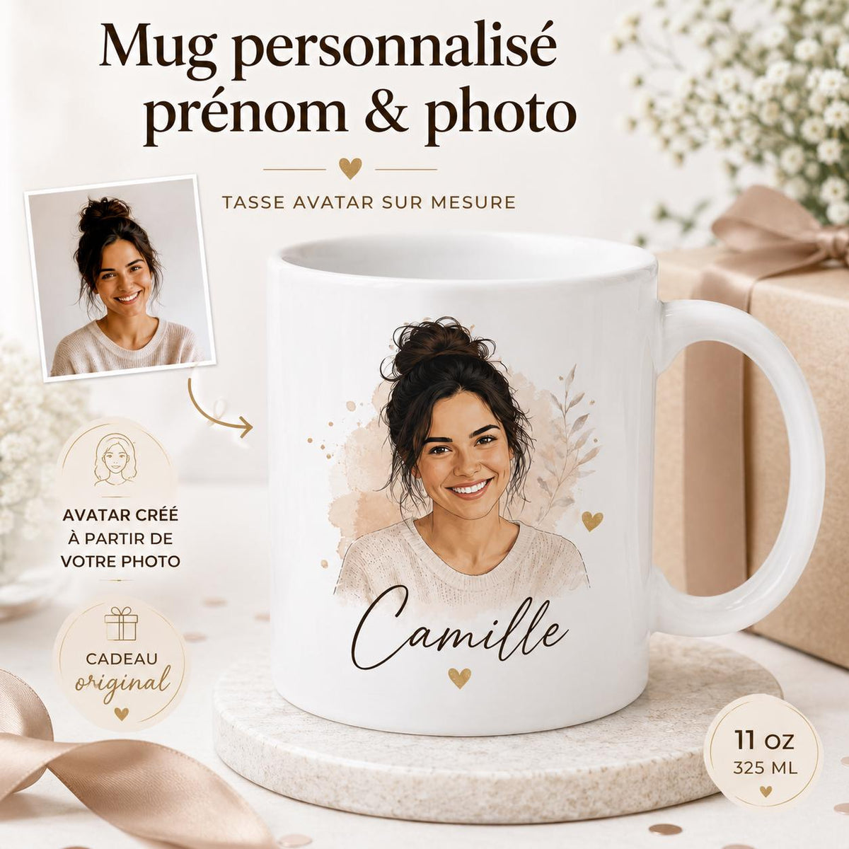 Mug personnalisé prénom et photo – Tasse avatar sur mesure – Cadeau original femme homme anniversaire