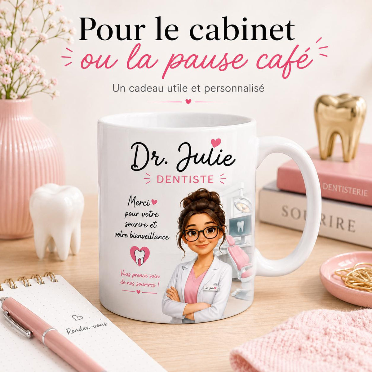 Mug Dentiste Personnalisé avec Prénom, Cadeau Merci Dentiste, Tasse Métier Cabinet Dentaire