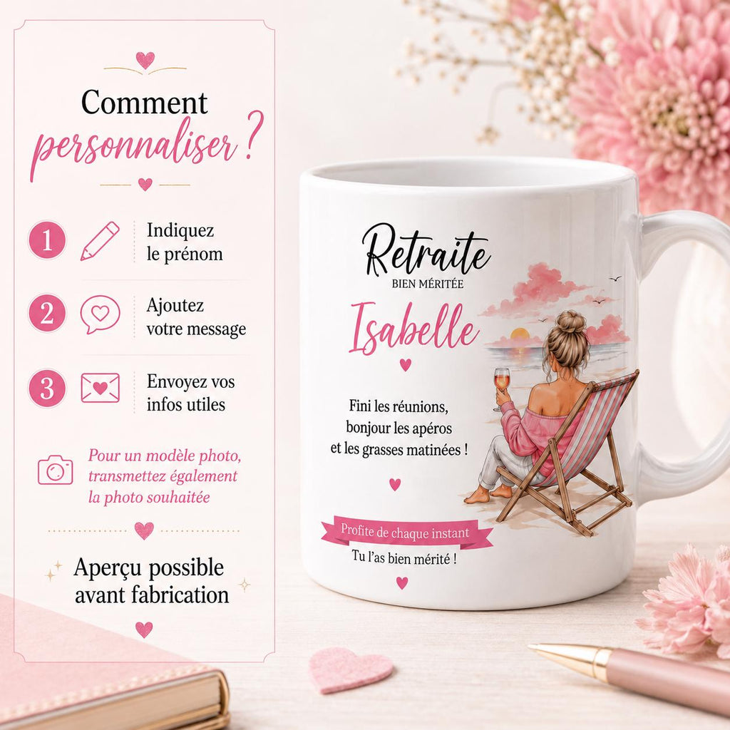 Mug Retraite Femme Personnalisé avec Prénom, Cadeau Retraite Original, Tasse Départ Collègue