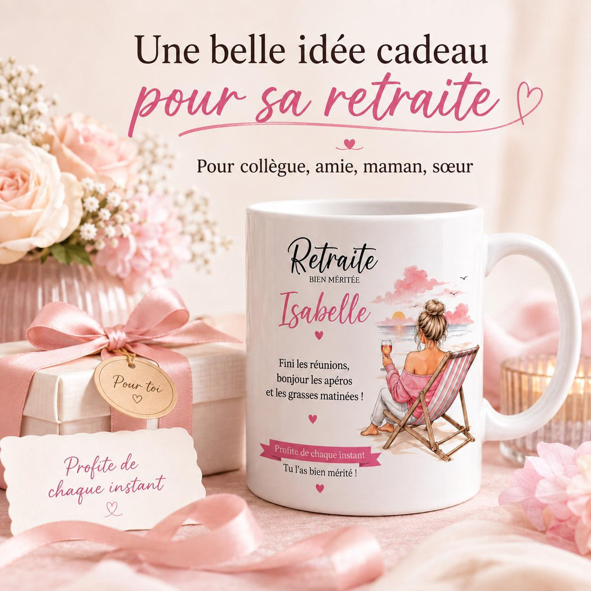 Mug Retraite Femme Personnalisé avec Prénom, Cadeau Retraite Original, Tasse Départ Collègue