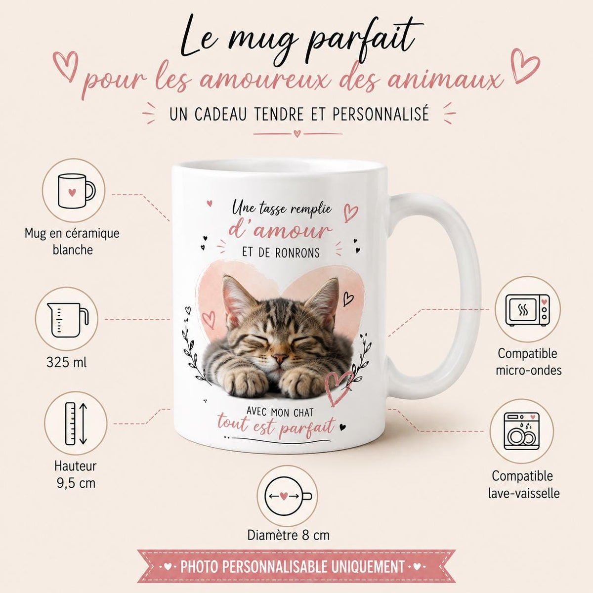 Tasse personnalisée Chat avec photo – Mug photo animal, cadeau amoureux des chats, souvenir personnalisé