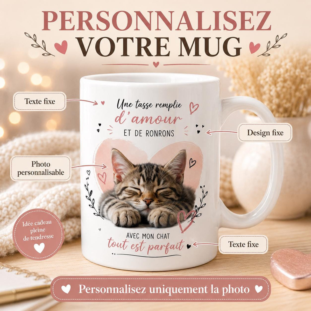 Tasse personnalisée Chat avec photo – Mug photo animal, cadeau amoureux des chats, souvenir personnalisé