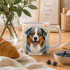 Mug blanc avec portrait de berger australien sur fond fleuri pastel, présenté dans une scène cosy de petit-déjeuner avec croissant, myrtilles et vase en verre.
