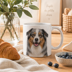 Mug blanc avec portrait de berger australien dans une scène cosy de petit-déjeuner avec croissant, myrtilles, vase en verre et fond lumineux.