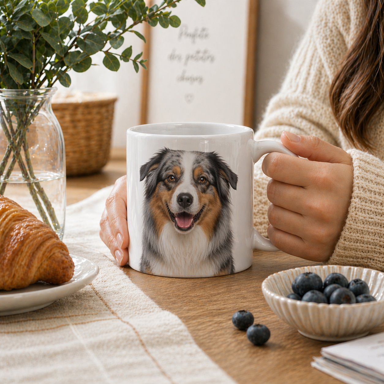 Mug blanc avec portrait de berger australien tenu en main dans une scène cosy de petit-déjeuner avec croissant, myrtilles et vase fleuri.
