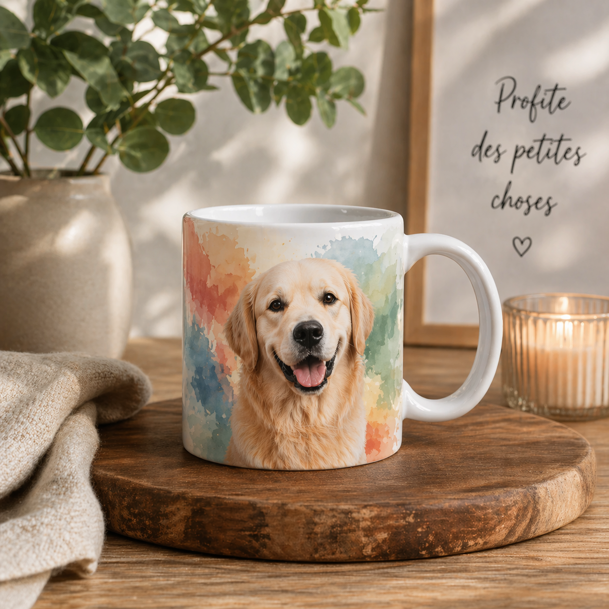 Mug blanc avec portrait de golden retriever sur fond coloré aquarelle, présenté dans une scène cosy avec bougie, plante verte et planche en bois.