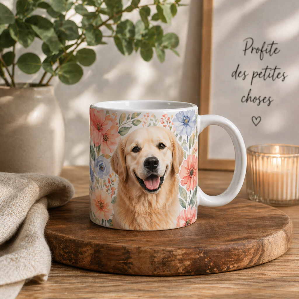Mug blanc avec portrait de golden retriever sur fond fleuri pastel, présenté dans une scène cosy avec bougie, plante verte et planche en bois.