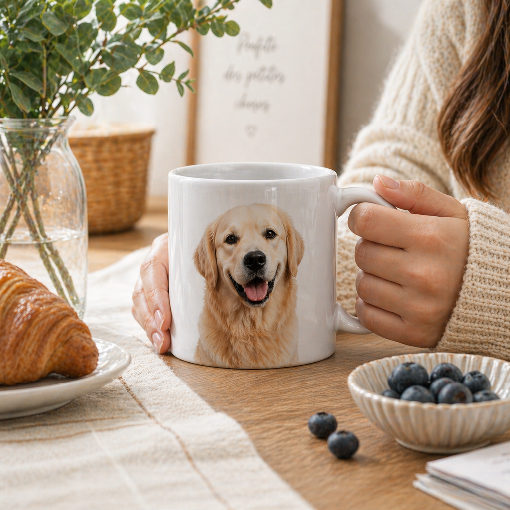 Mug blanc avec portrait de golden retriever tenu en main dans une scène cosy de petit-déjeuner avec croissant, myrtilles et vase fleuri.