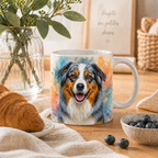Mug blanc avec portrait de berger australien sur fond coloré aquarelle, présenté dans une scène cosy de petit-déjeuner avec croissant, myrtilles et vase en verre.