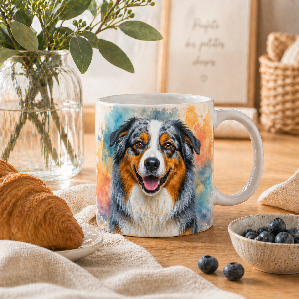 Mug blanc avec portrait de berger australien sur fond coloré aquarelle, présenté dans une scène cosy de petit-déjeuner avec croissant, myrtilles et vase en verre.