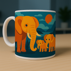 Mug blanc en céramique avec illustration colorée d’un éléphant et de deux éléphanteaux devant un paysage stylisé