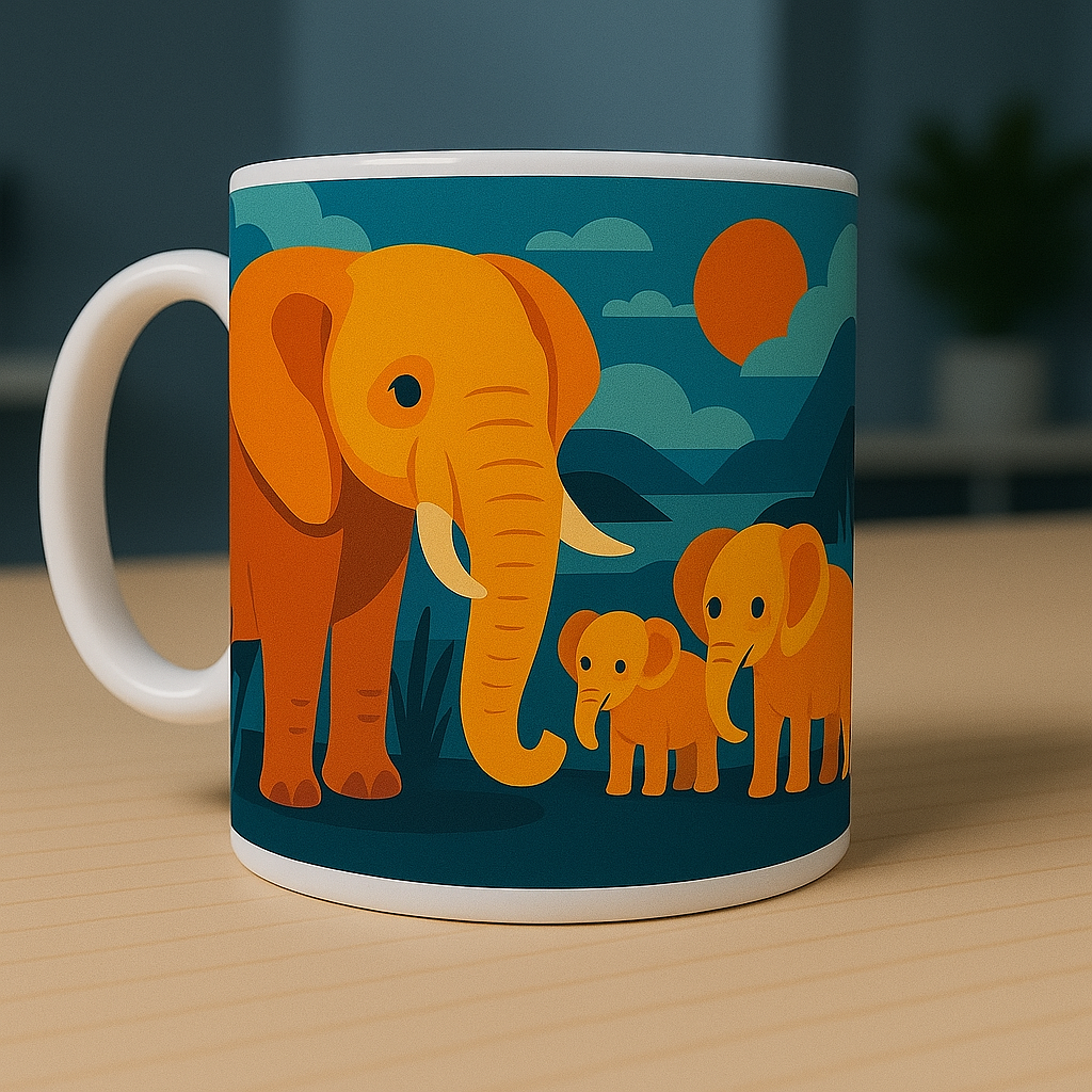 Mug blanc en céramique avec illustration colorée d’un éléphant et de deux éléphanteaux devant un paysage stylisé