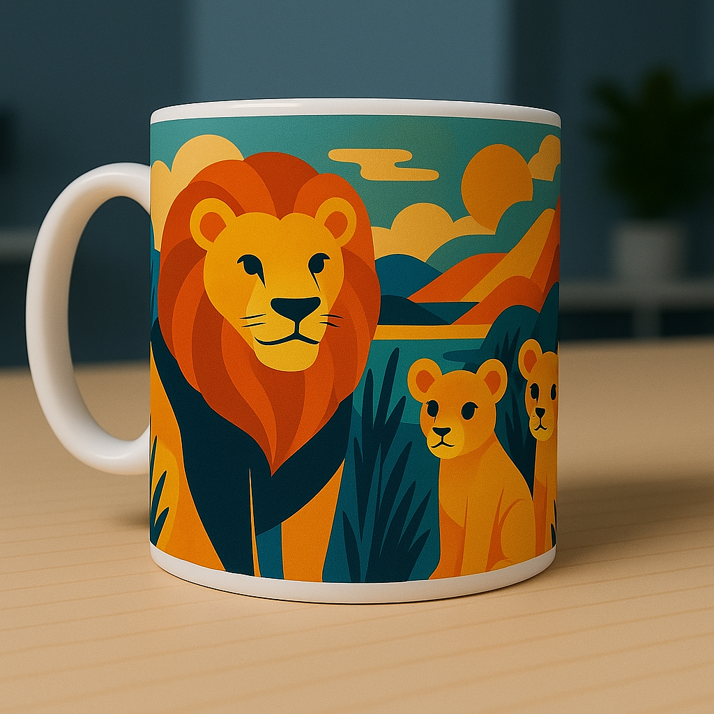Mug blanc en céramique avec illustration colorée d’un lion et de lionceaux devant un paysage stylisé