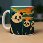 Mug blanc en céramique avec illustration colorée de pandas stylisés devant un paysage abstrait