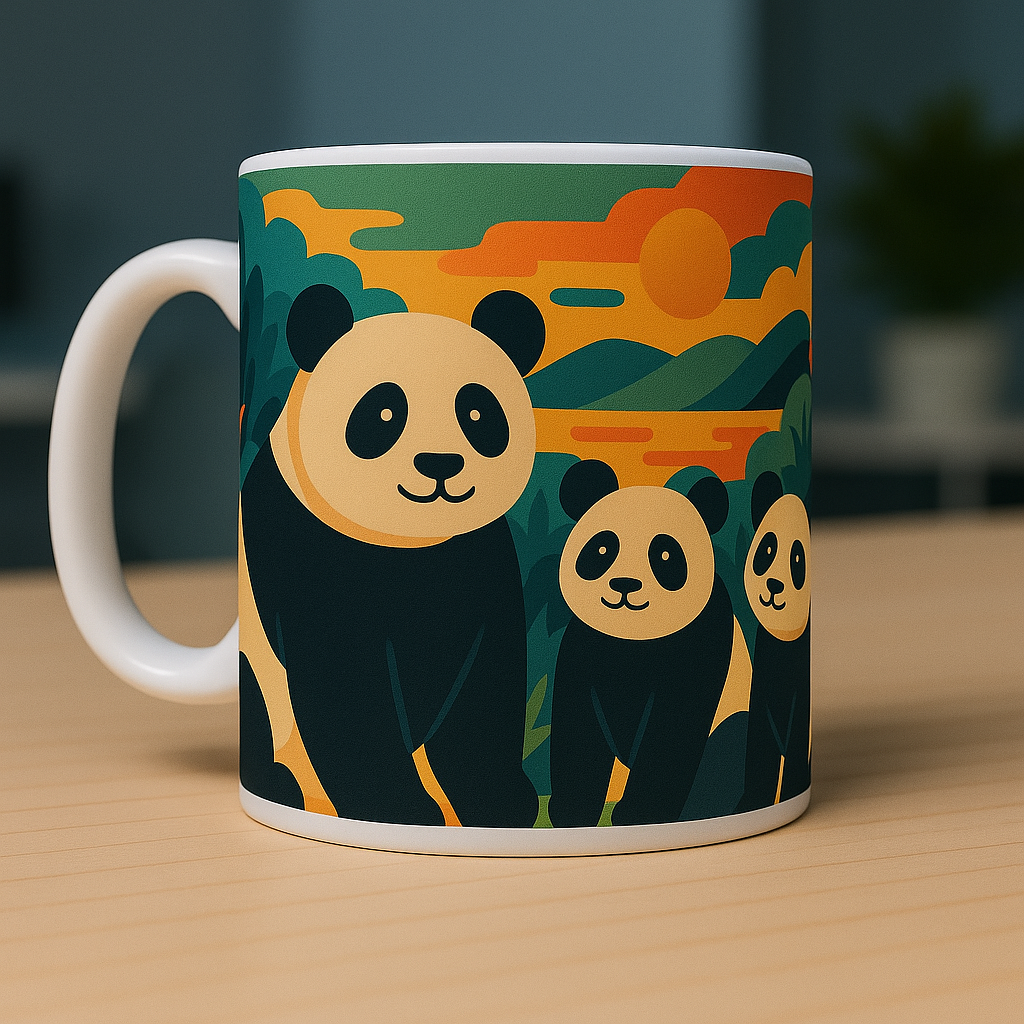 Mug blanc en céramique avec illustration colorée de pandas stylisés devant un paysage abstrait