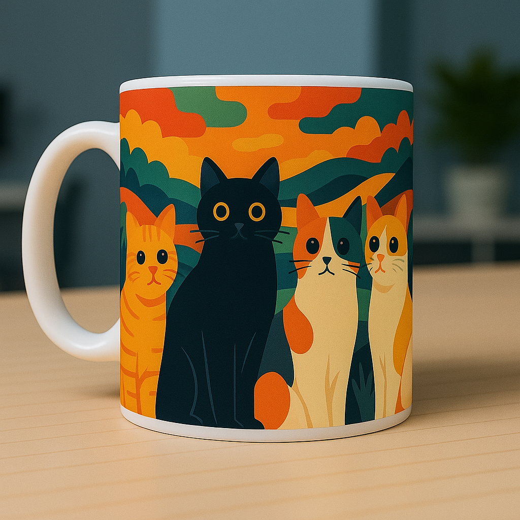 Mug blanc en céramique avec illustration colorée de quatre chats stylisés sur fond de paysage abstrait