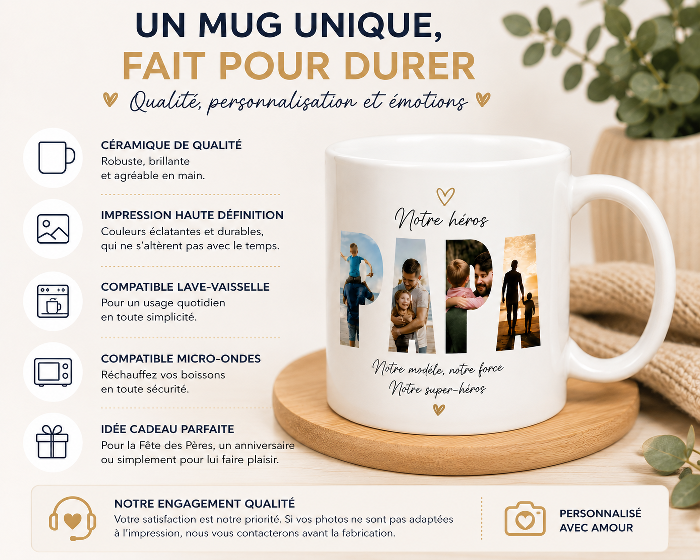 Infographie des caractéristiques du mug Fête des Pères personnalisé photo en céramique