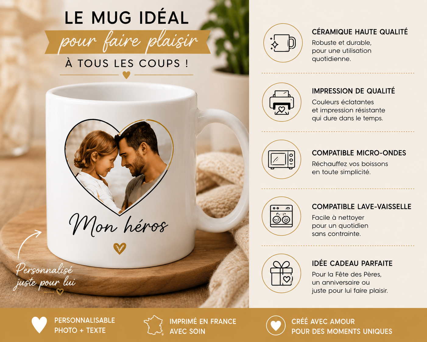 Mug Fête des Pères personnalisé photo Mon héros avec caractéristiques et idée cadeau papa