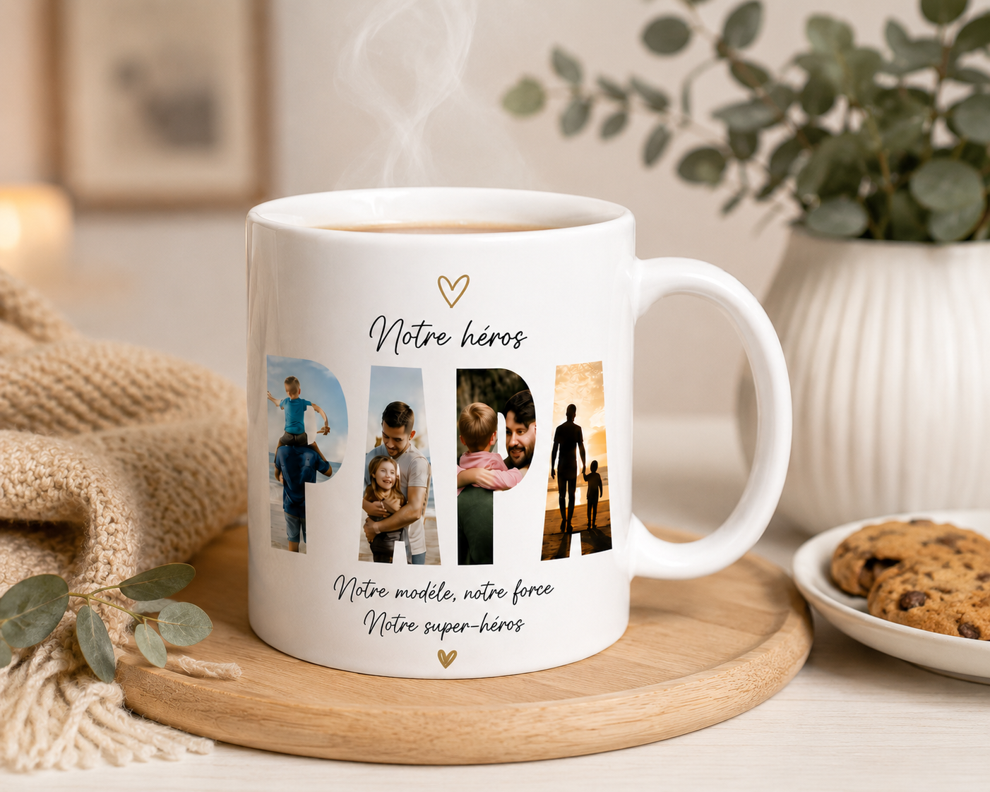 Mug Fête des Pères personnalisé photo Papa Notre héros en ambiance cosy avec boisson chaude