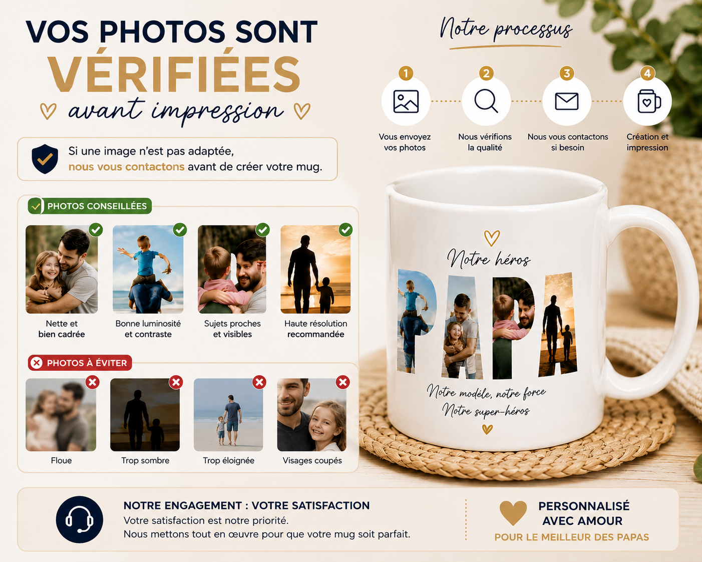 Infographie de vérification des photos avant impression pour mug Fête des Pères personnalisé