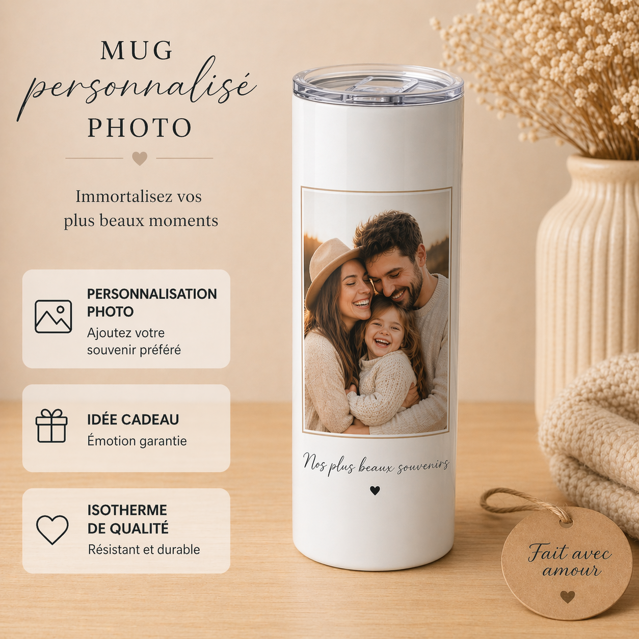 Mug isotherme blanc personnalisé avec photo de famille et message Nos plus beaux souvenirs, présenté sur une table en bois dans une ambiance beige chaleureuse