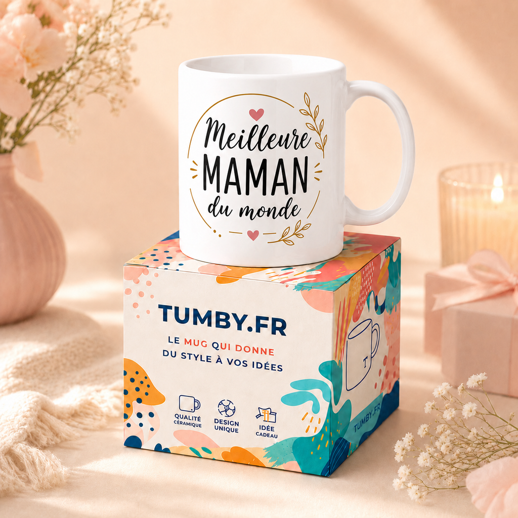Mug céramique blanc Meilleure MAMAN du monde posé sur une boîte cadeau Tumby, idée cadeau fête des mères