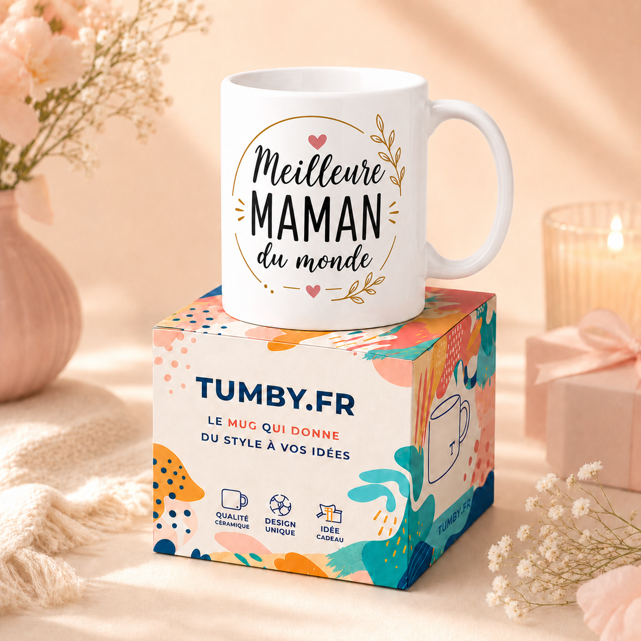 Mug céramique blanc Meilleure MAMAN du monde posé sur une boîte cadeau Tumby, idée cadeau fête des mères