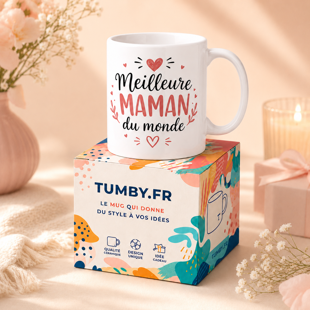 Mug céramique blanc Meilleure MAMAN du monde posé sur son emballage Tumby avec décor cadeau fête des mères