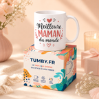 Mug céramique blanc Meilleure MAMAN du monde posé sur son emballage Tumby avec décor cadeau fête des mères