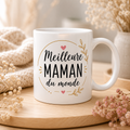 Mug céramique blanc Meilleure MAMAN du monde avec fleurs séchées, idée cadeau fête des mères