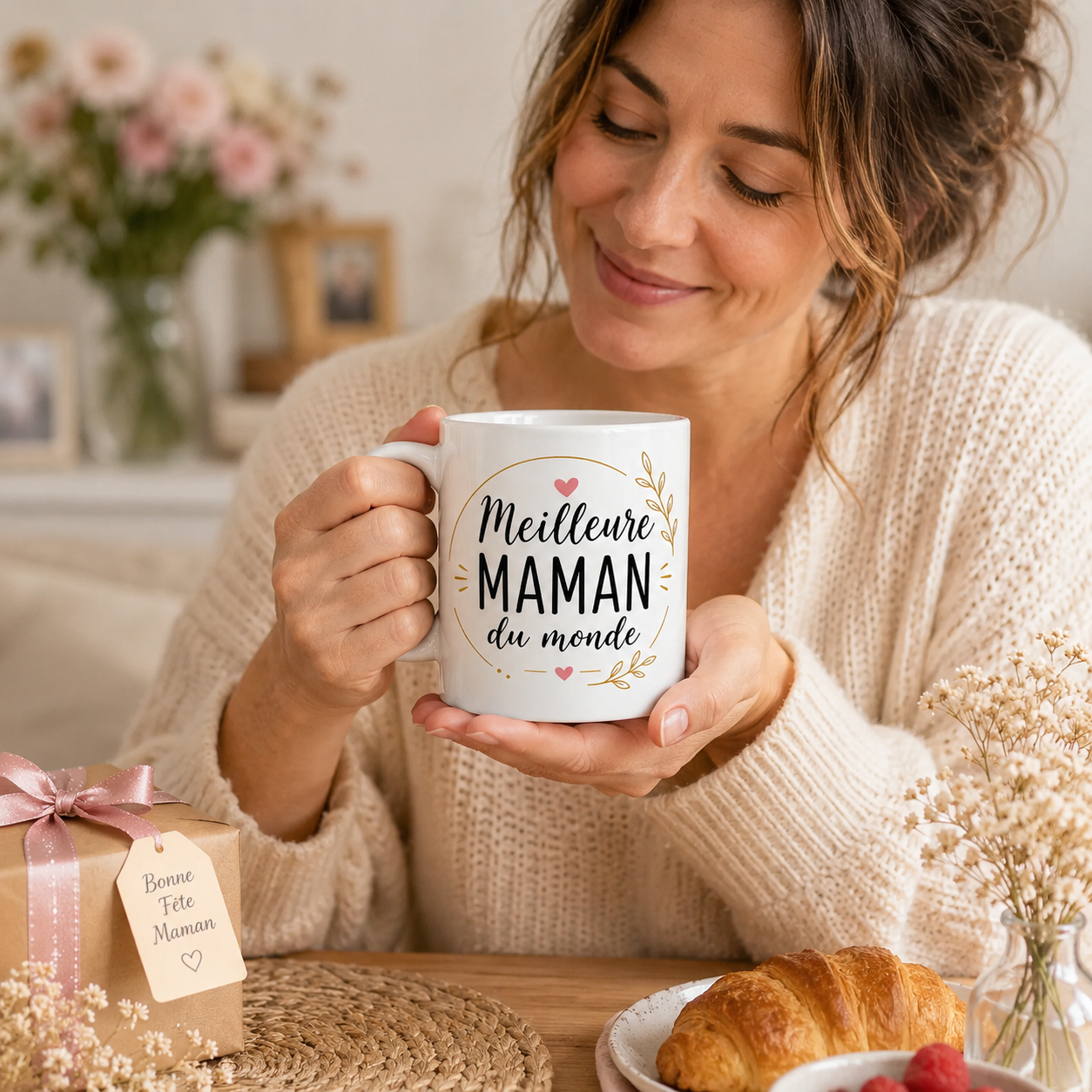 Maman tenant un mug céramique blanc Meilleure MAMAN du monde lors d’un petit-déjeuner, cadeau fête des mères