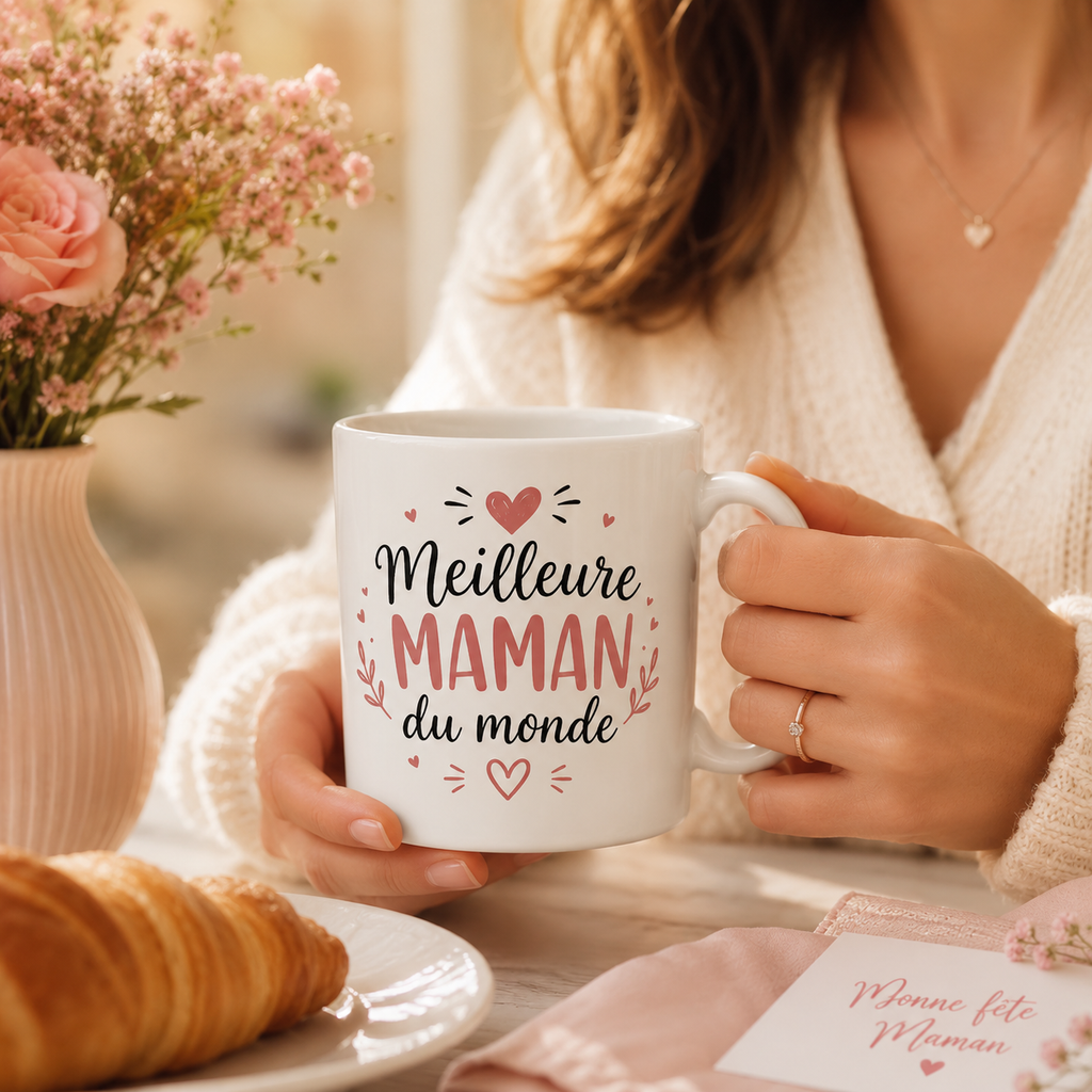 Mug Meilleure MAMAN du monde tenu à la main lors d’un petit-déjeuner, cadeau fête des mères Tumby