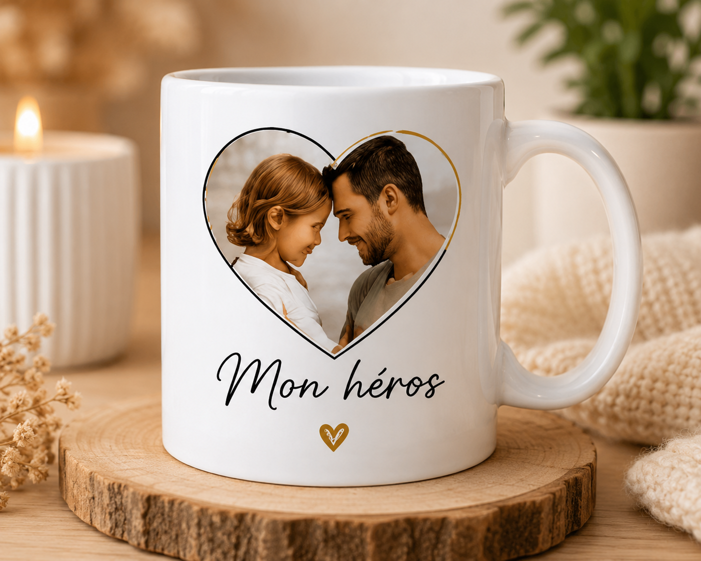 Mug papa personnalisé photo Mon héros en ambiance cosy sur support en bois