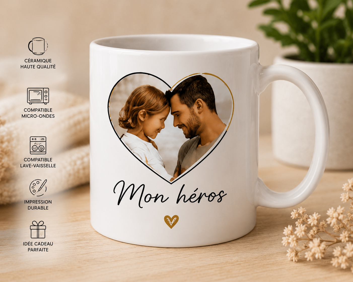 Infographie des caractéristiques du mug papa personnalisé photo Mon héros