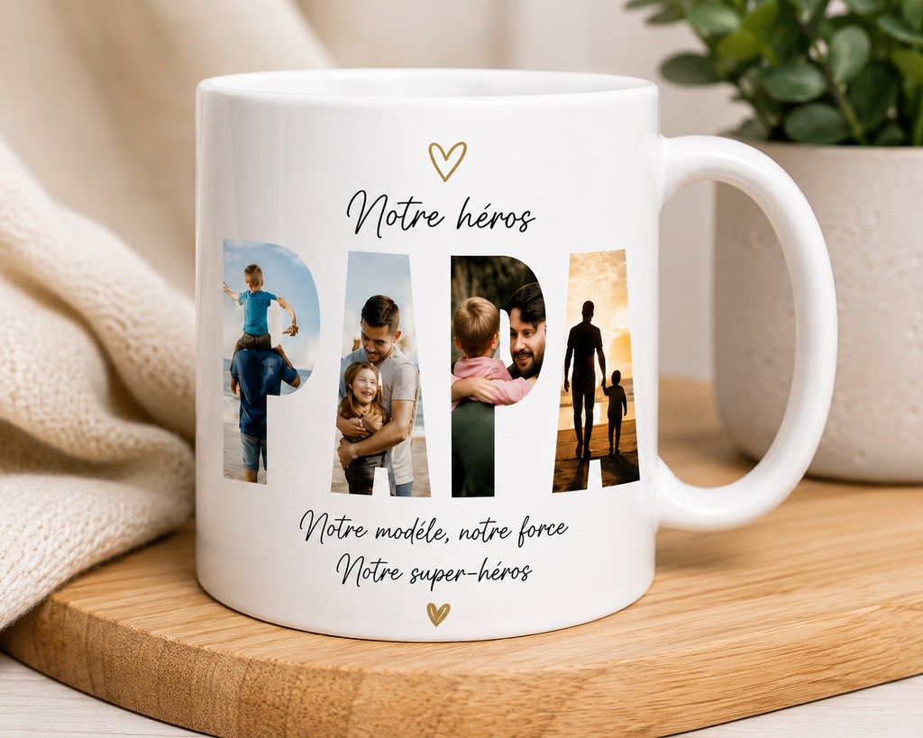 Gros plan du mug papa personnalisé photo Notre héros avec lettres PAPA illustrées
